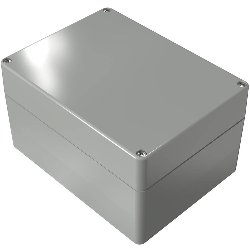 Eine graue, rechteckige Metallverteilerdose mit geschlossenem Deckel, ausgestattet mit vier Schraublöchern an den Ecken. Verwendet zur Unterbringung elektrischer Komponenten.