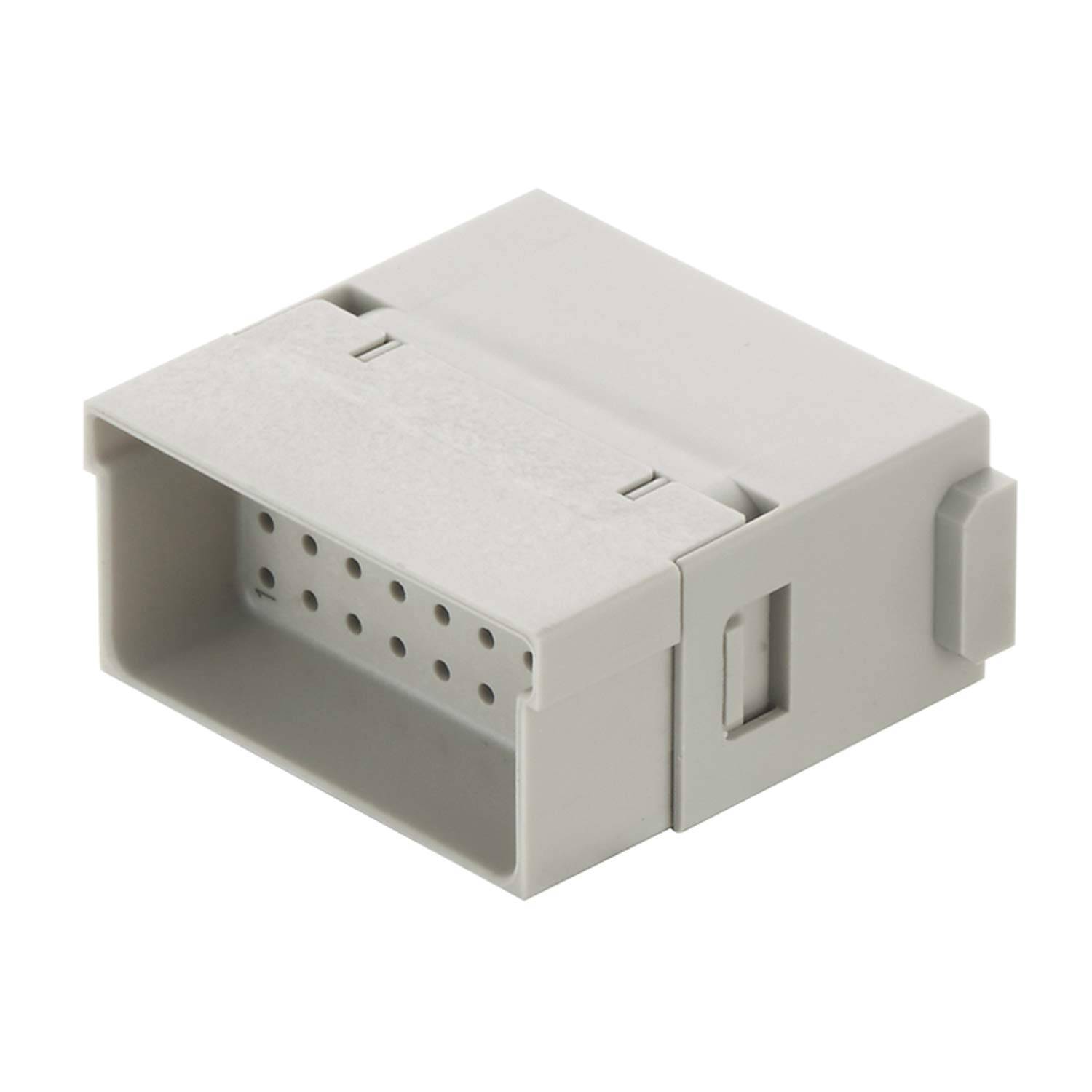 Ein grauer, rechteckiger elektrischer Steckverbinder mit mehreren Pinholes, aus einem Winkel betrachtet. Er wird zum Verbinden von elektrischen Komponenten verwendet.