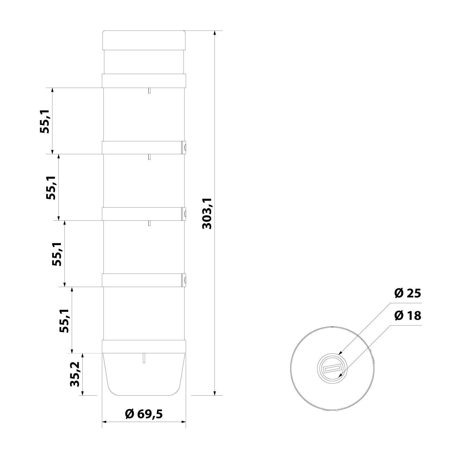 Technische Zeichnung eines Turmsignallichts mit einer Höhe von 303,1 mm. Abschnitte sind mit jeweils 55,1 mm markiert. Basisdurchmesser: 69,5 mm. Draufsicht zeigt Ringdurchmesser von 25 mm und 18 mm.