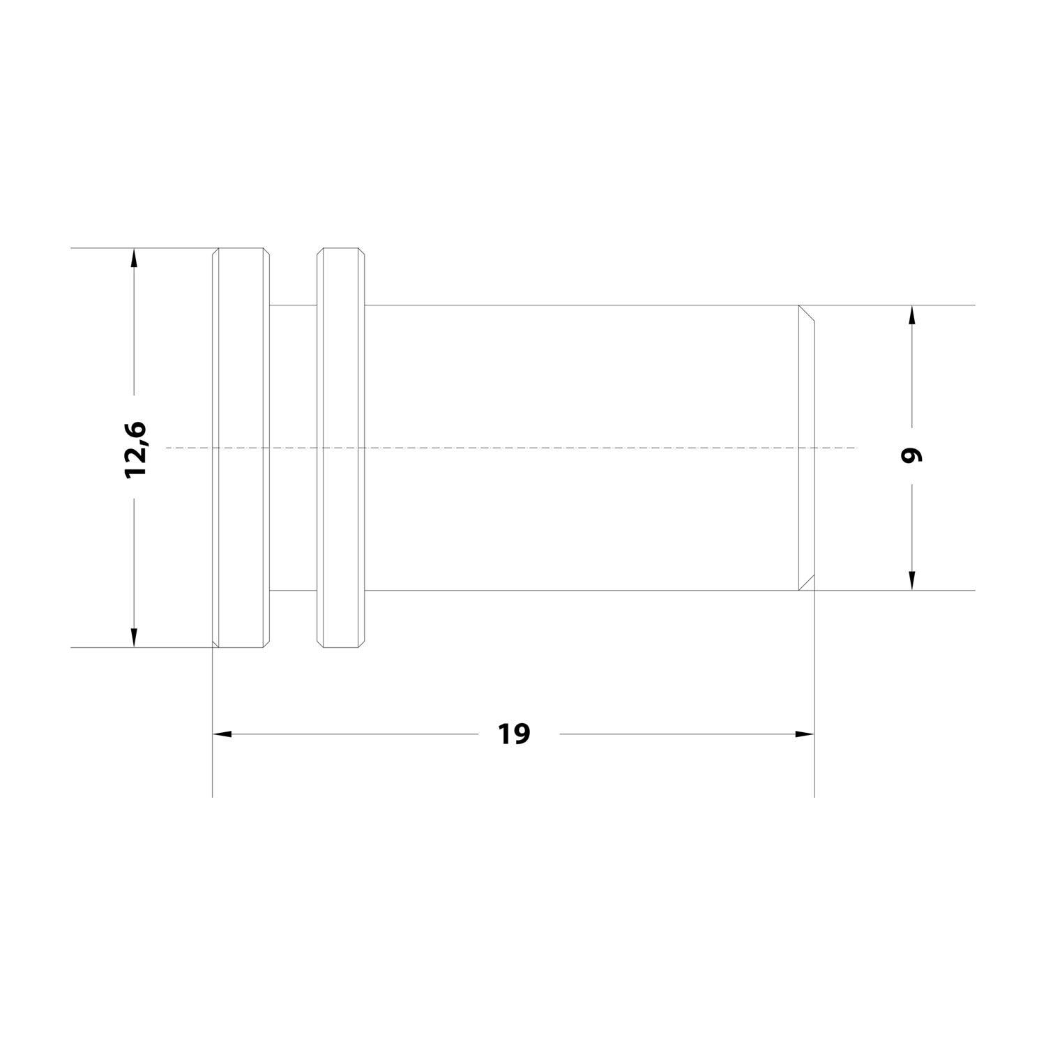 Technische Zeichnung eines zylindrischen Bauteils mit markierten Abmessungen. Das Bauteil ist 19 Einheiten lang, 12,6 Einheiten breit an einem Ende und 9 Einheiten breit am anderen Ende.