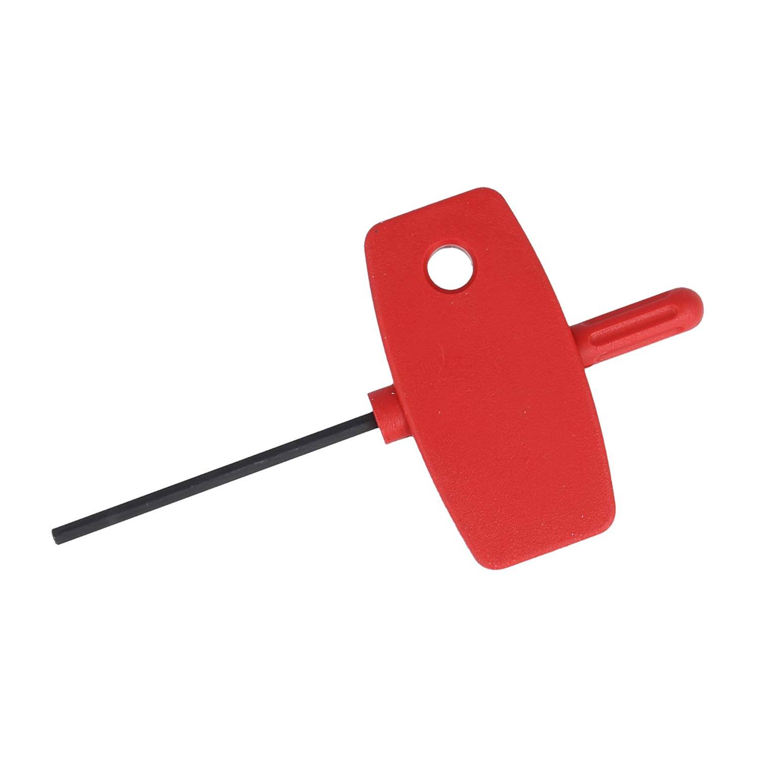 Ein kleines rotes Werkzeug mit einem flachen Griff und einer langen, dünnen schwarzen Metallstange, die von einer Seite absteht. Der Griff hat ein Loch zum Aufhängen.