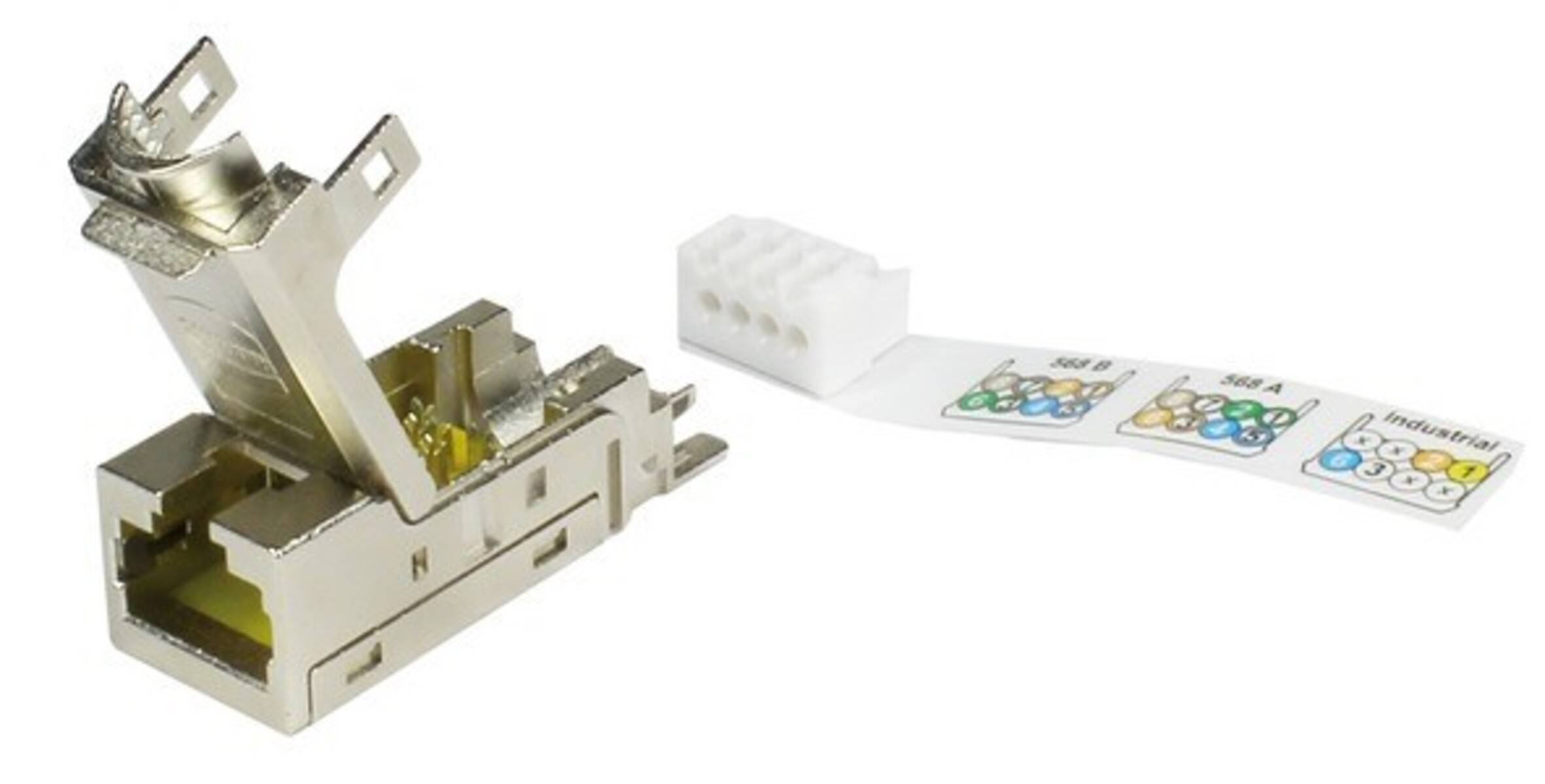 Eine RJ45-Ethernet-Buchse mit einem zerlegten Deckel und einer Verdrahtungsanleitung, die die Pin-Belegung für die Netzwerkkabelkonfiguration zeigt.