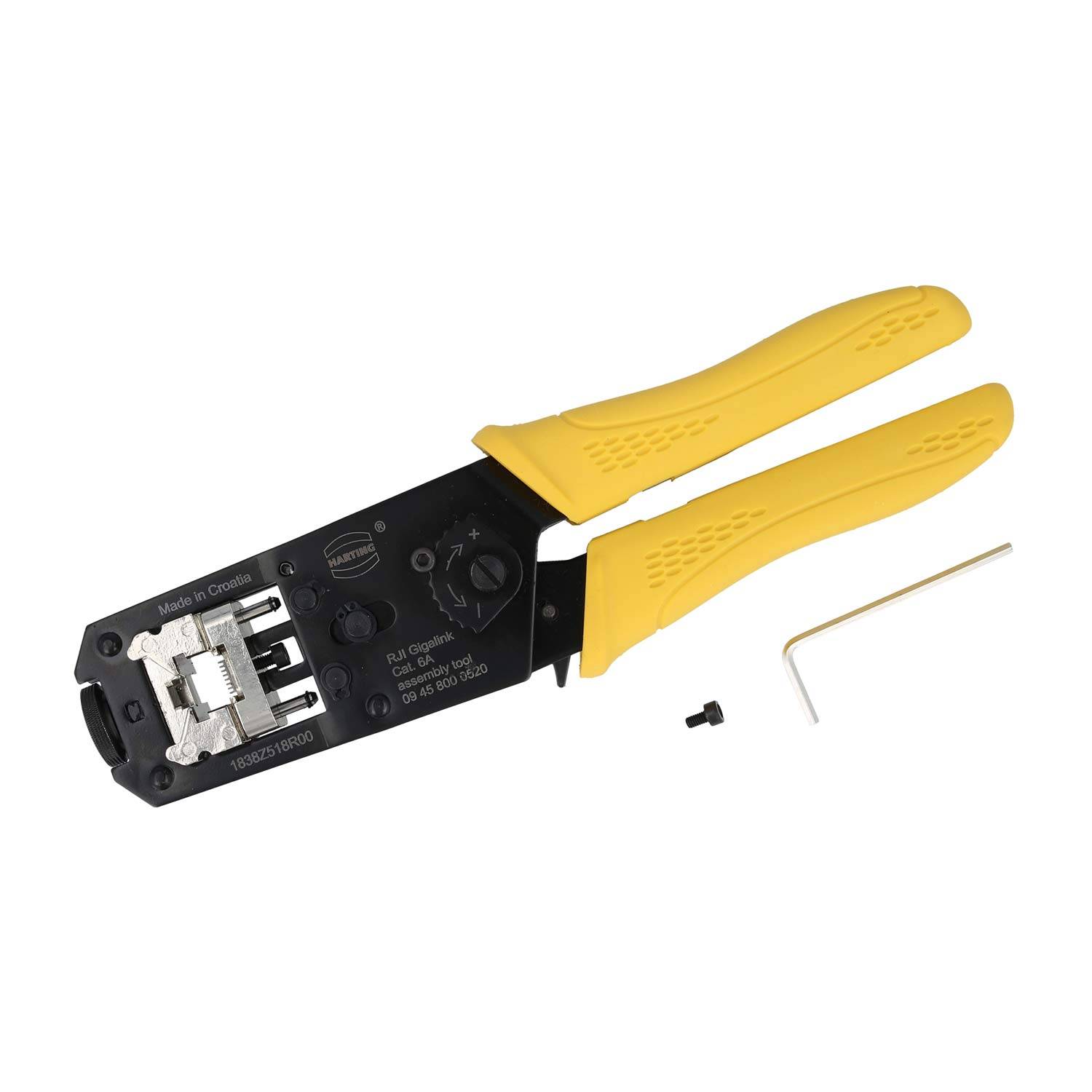 Ein Crimpwerkzeug mit gelben Griffen, das für RJ45-Stecker entwickelt wurde, wird neben einem kleinen Inbusschlüssel und einer Schraube gezeigt.