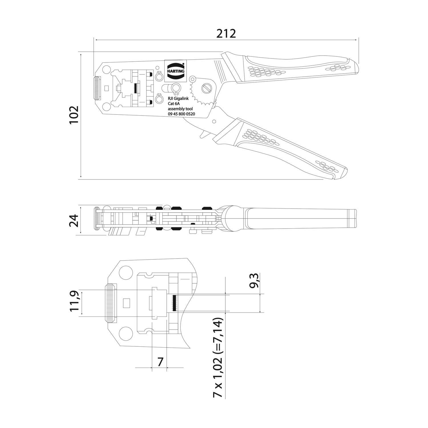 Eine technische Zeichnung einer Crimpzange mit Maßangaben: 212 mm Länge, 102 mm Höhe, seitliche Breite 24 mm und Details der Bauteile.