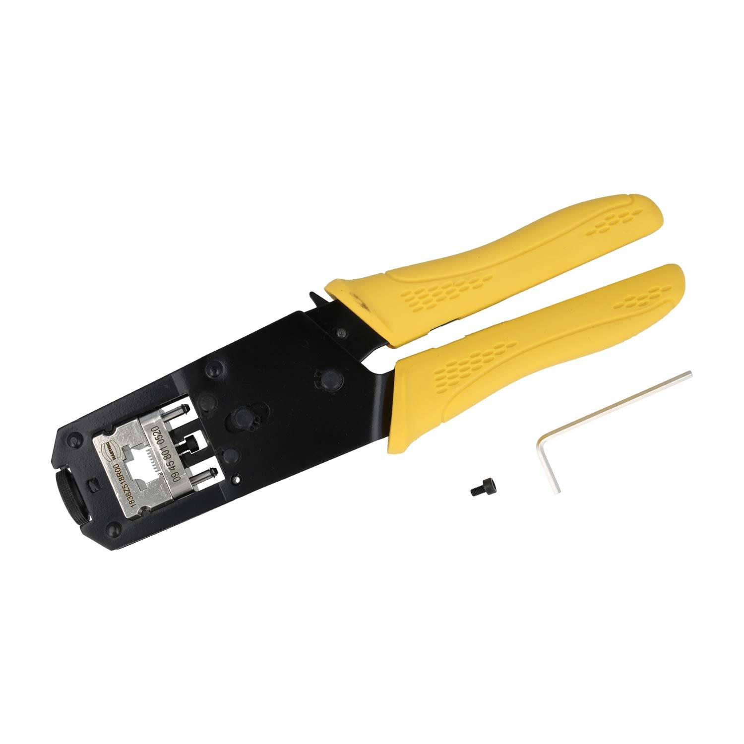 Crimpzange mit gelben Griffen, entwickelt für Netzwerkkabelstecker, zusammen mit einer kleinen Schraube und einem Sechskantschlüssel.