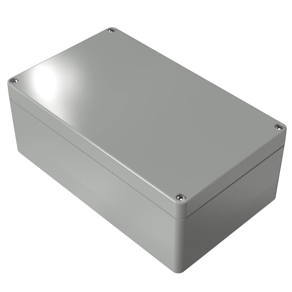 Eine rechteckige, metallische elektrische Verteilerdose mit Schrauben an den oberen Ecken. Sie hat eine glatte, reflektierende Oberfläche.