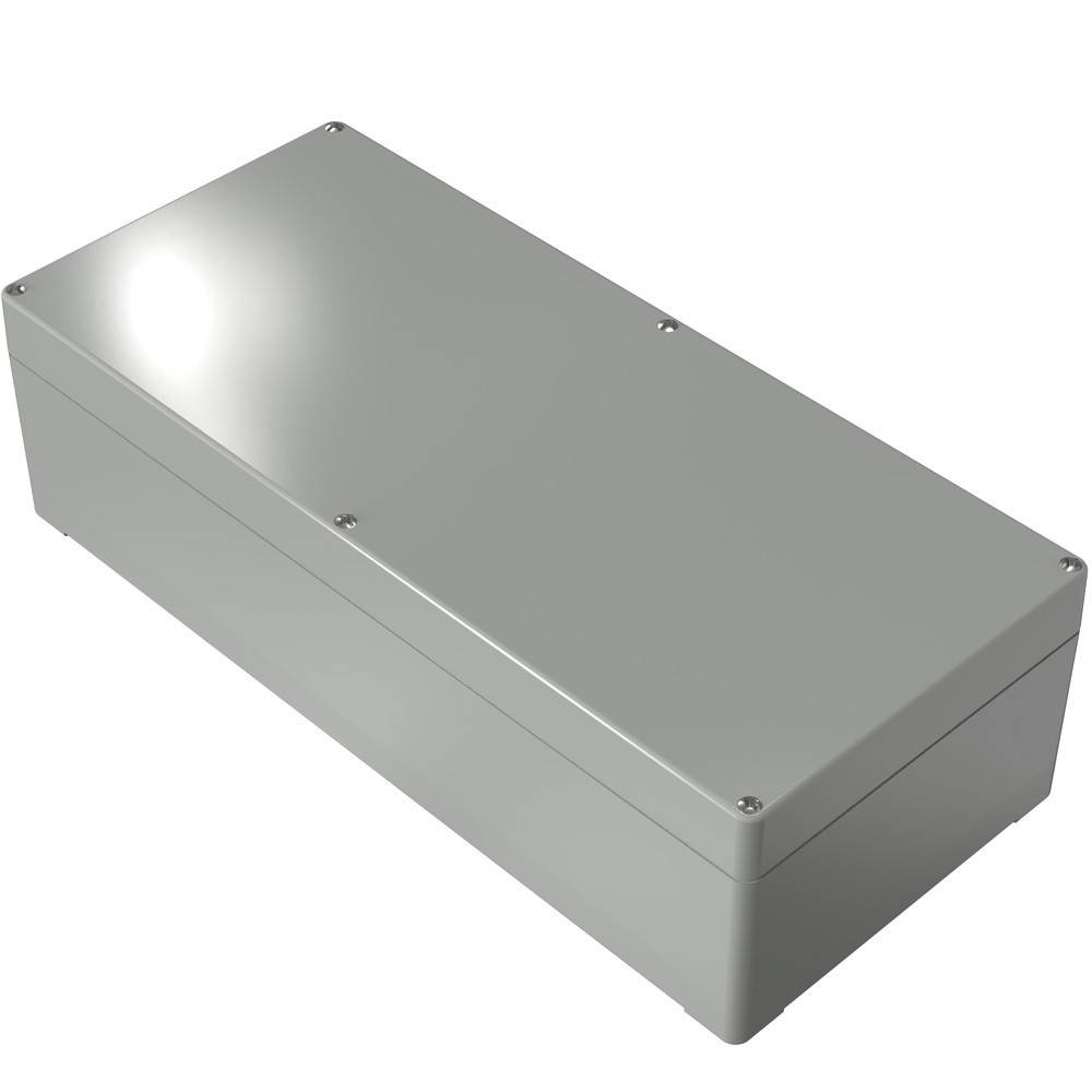 Ein rechteckiges Metallgehäuse mit glatter Oberfläche, abgerundeten Kanten und sichtbaren Schrauben auf der Oberseite.