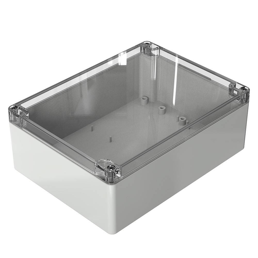 Eine transparente Kunststoffgehäusebox mit weißer Basis, die mehrere Befestigungslöcher für die Montage aufweist und für Elektronik- oder elektrische Projekte geeignet ist.