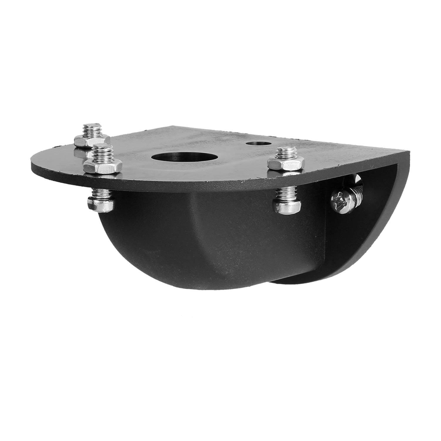 Eine schwarze Metallhalterung mit Schrauben, konzipiert zum Befestigen oder zur Unterstützung, mit einer gekrümmten Unterseite und einer flachen Oberseite mit einem zentralen Loch.