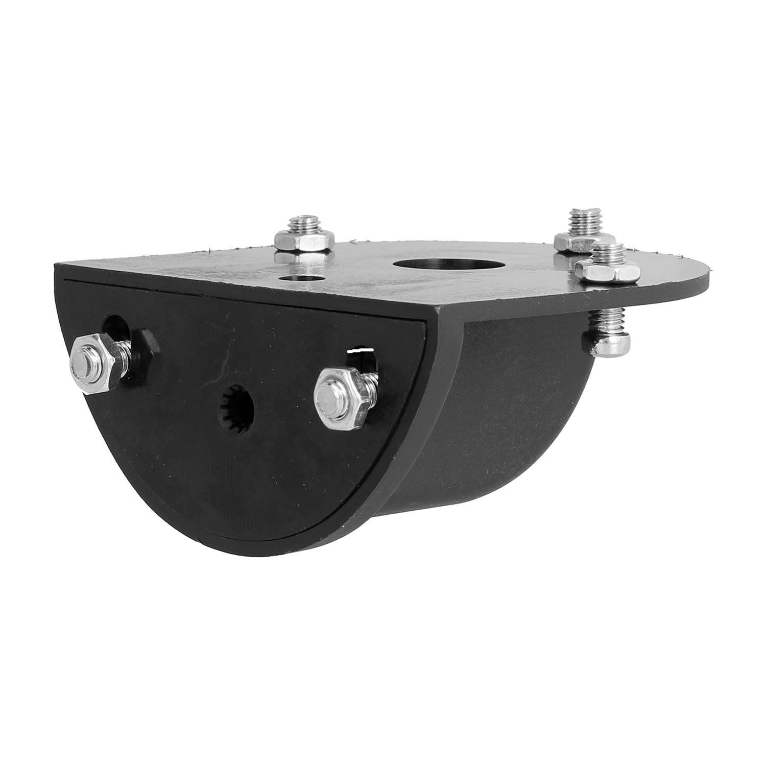 Eine schwarze und silberne Metallkomponente mit Schrauben und einer gekrümmten Unterseite, möglicherweise Teil einer mechanischen oder industriellen Montage.