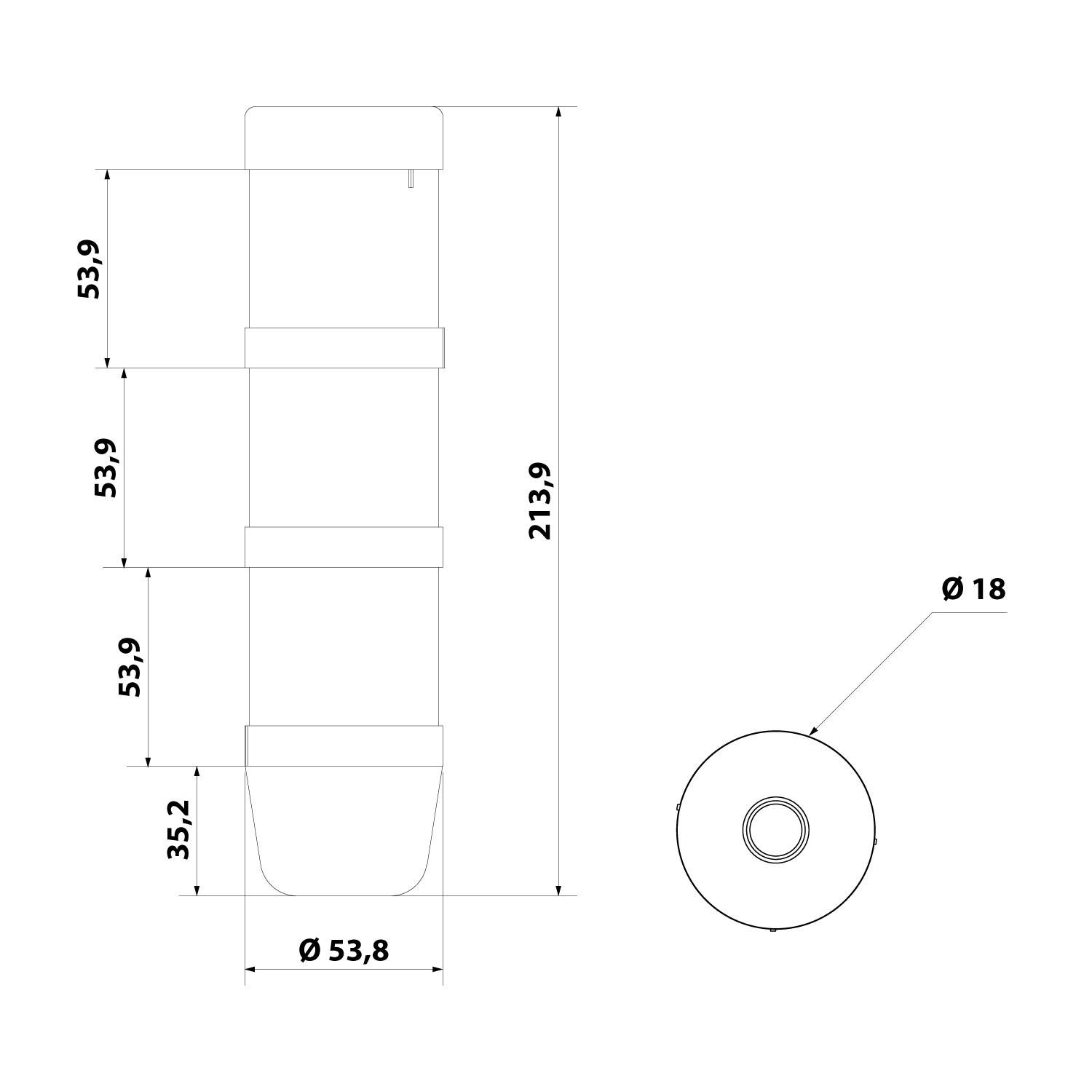 Technische Zeichnung eines zylindrischen Stapels, beschriftet mit Höhenmessungen von 53,9, 53,9, 53,9 und 35,2 Millimetern, Gesamthöhe 213,9 mm und einem Durchmesser von 53,8 mm.