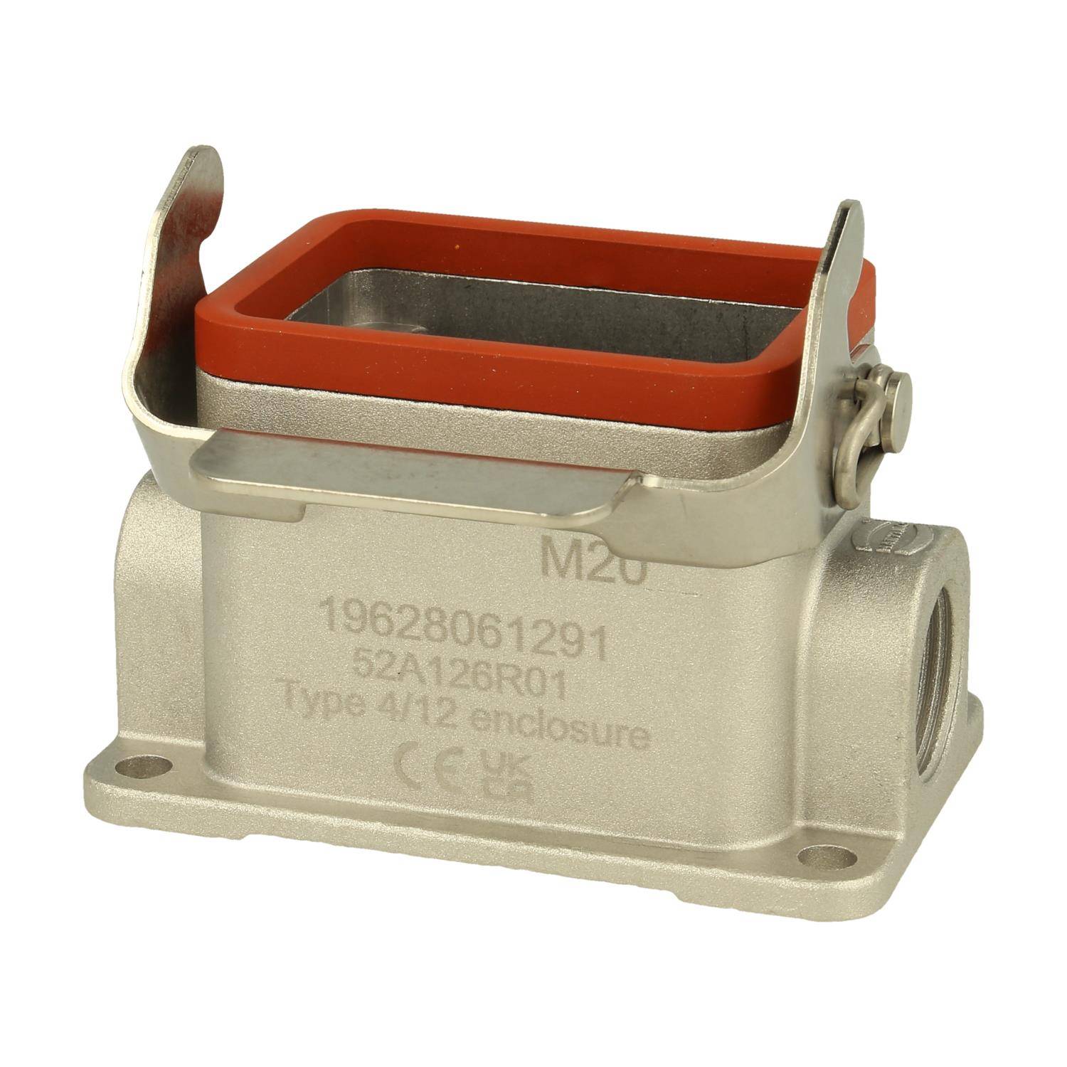 Ein rechteckiges metallisches Elektrisches Gehäuse mit einer roten Dichtung. Der Text auf dem Gehäuse identifiziert es als ‚Typ 4/12'.