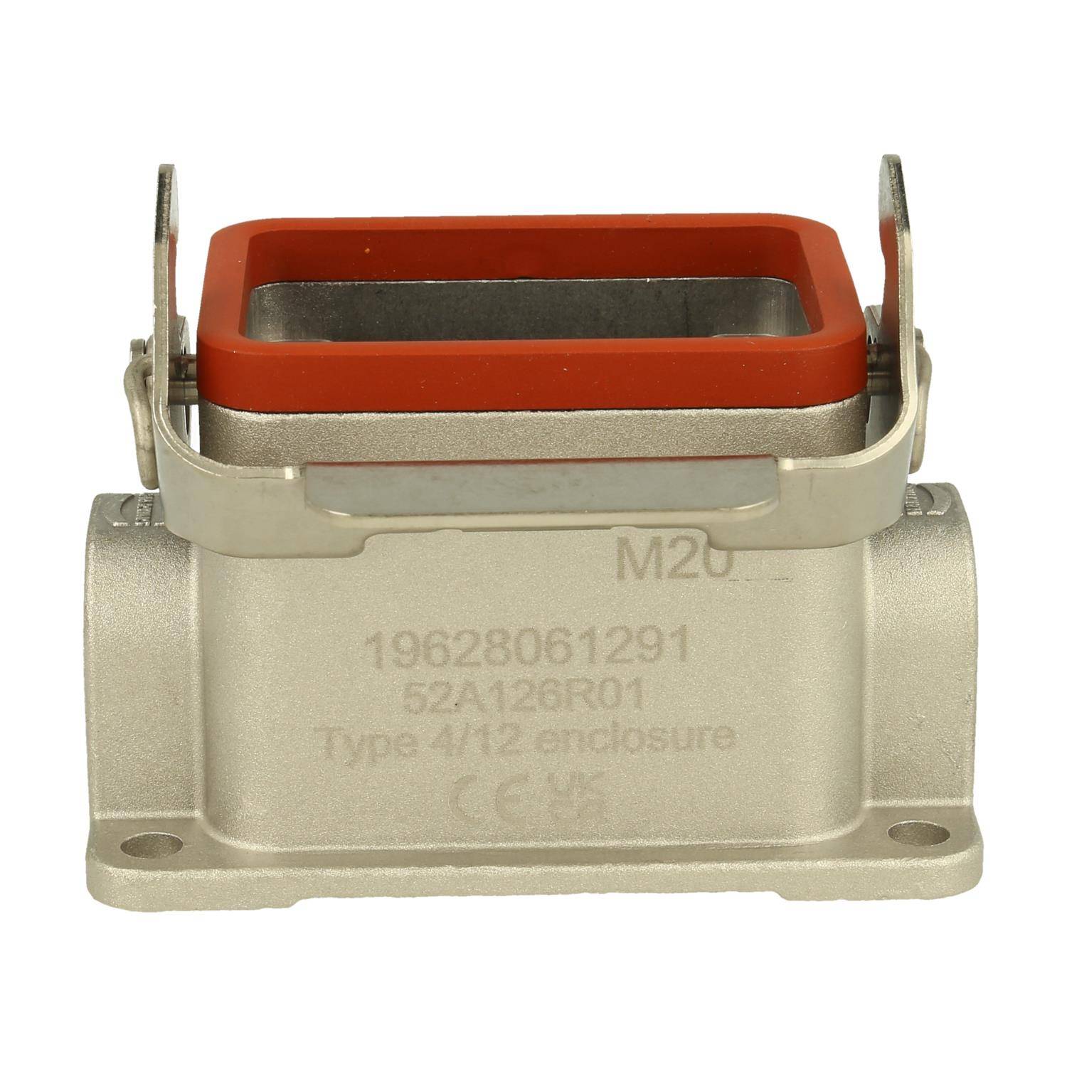 Ein Metallgehäuse in rechteckiger Form mit roter Gummiauskleidung und eingraviertem Text 'M20'. Geeignet für Gehäusetyp 4/12. Modell 19628061291.