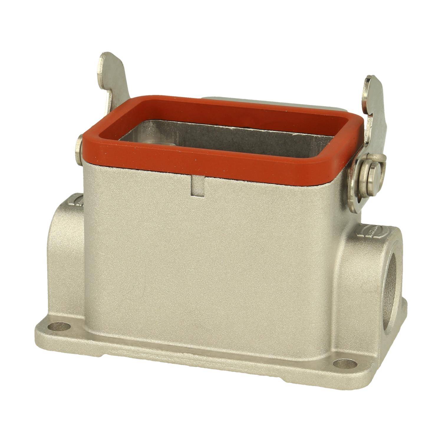 Metall-Anschlussgehäuse mit rotem Dichtungsring und zwei Befestigungsflansche.