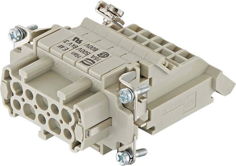 Ein beiger Mehrpolstecker mit Befestigungsschrauben, geeignet für industrielle Anwendungen, der detaillierte Rillen und Schlitze aufweist.