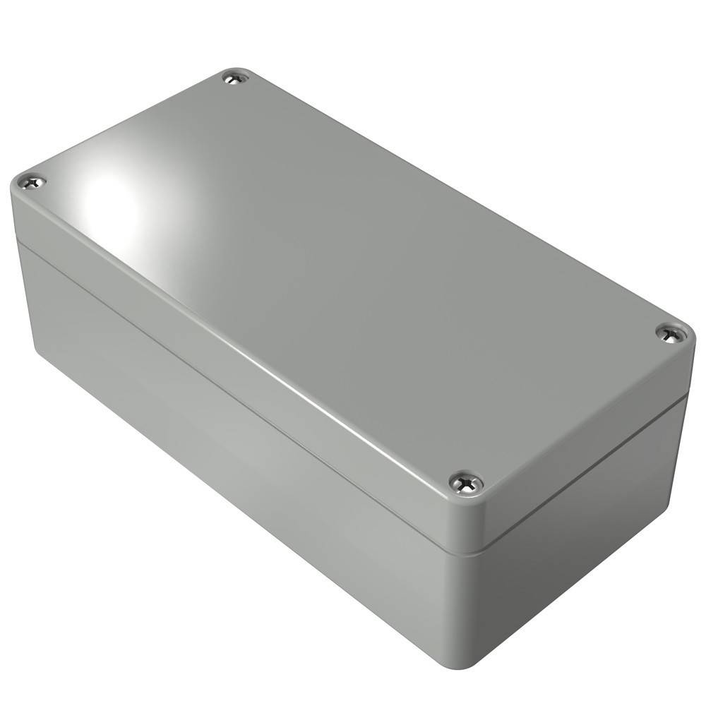 Ein grauer rechteckiger Metallkasten mit sichtbaren Schrauben an den Ecken, der üblicherweise für elektrische oder elektronische Komponenten verwendet wird.