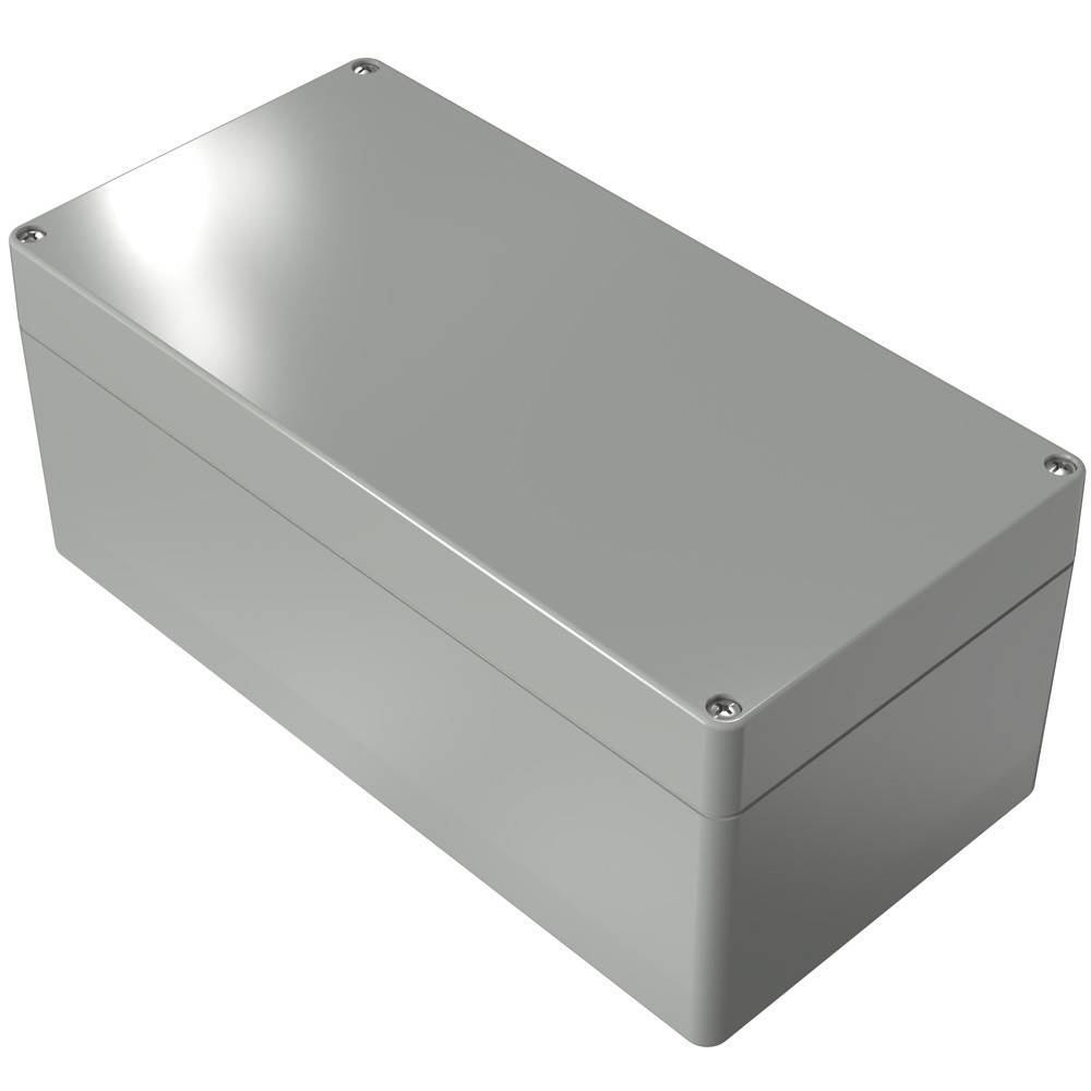 Eine graue, rechteckige Metallgehäusebox mit Schrauben an den Ecken, die üblicherweise zur Unterbringung von elektrischen Komponenten oder Geräten verwendet wird.