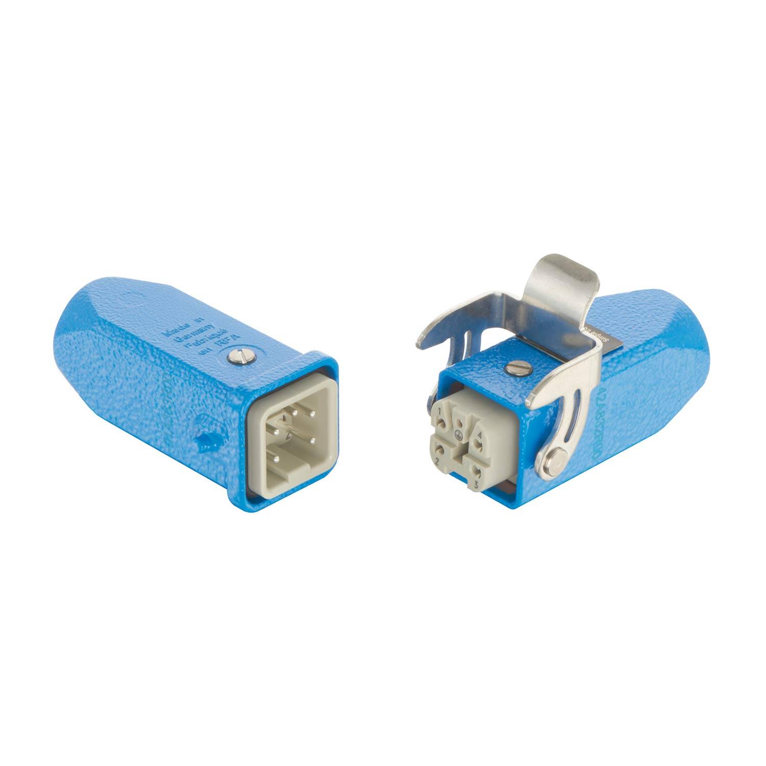 Zwei blaue industrielle Steckverbinder mit Metallklammern und mehreren sichtbaren Kontaktstiften, die für robuste elektrische Verbindungen konzipiert sind.