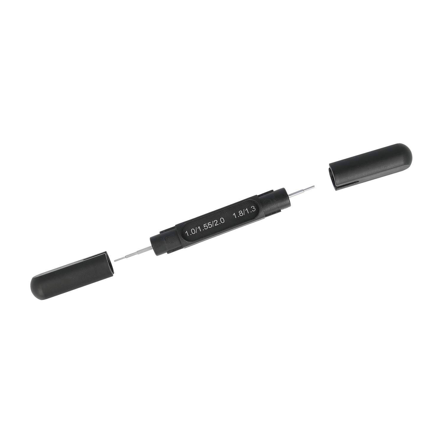 Ein schwarzer Glasfaserkabel-Sichtprüfer in Stiftform, bei dem beide Enden mit Kappen abgedeckt sind.