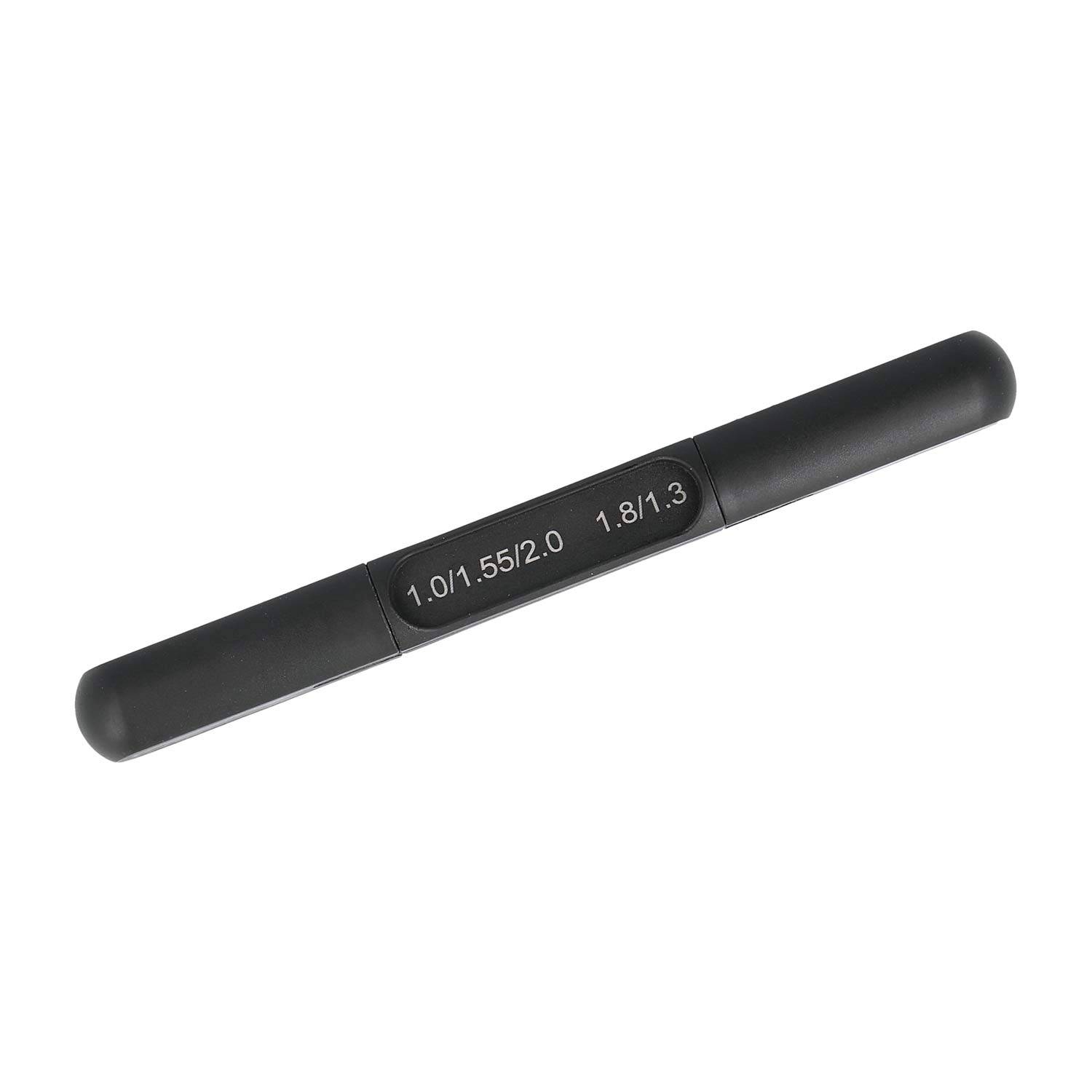Eine schwarze zylindrische Stange mit Markierungen '1.0/1.55/2.0' und '1.8/1.3' in der Mitte, möglicherweise zur Anzeige verschiedener Messungen oder Einstellungen.