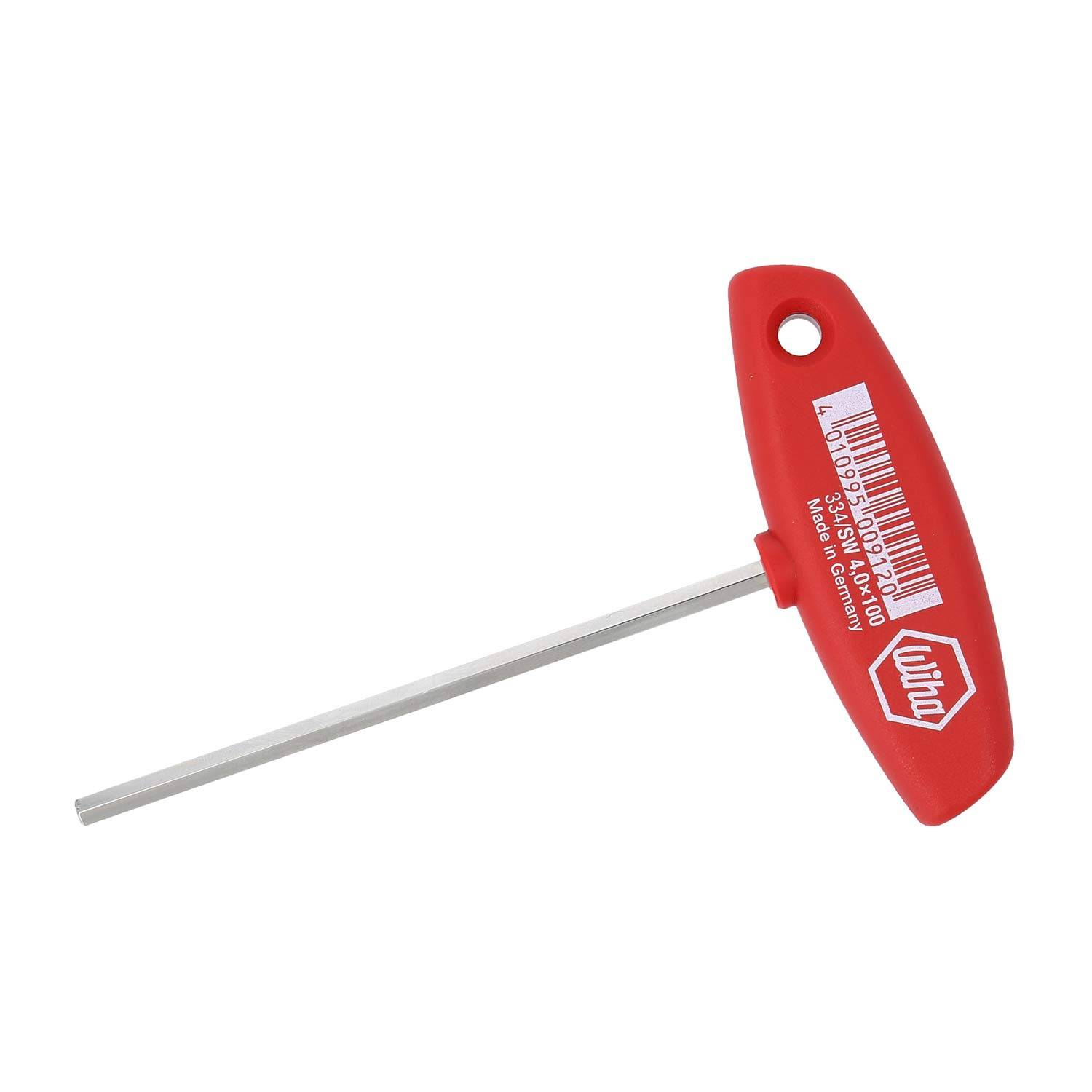 Ein rot-griffiger Sechskantschlüssel mit einem Loch zum Aufhängen, ausgestattet mit einer Metallschaftachse und mit der Marke 'Wiha' sowie einem Barcode versehen.