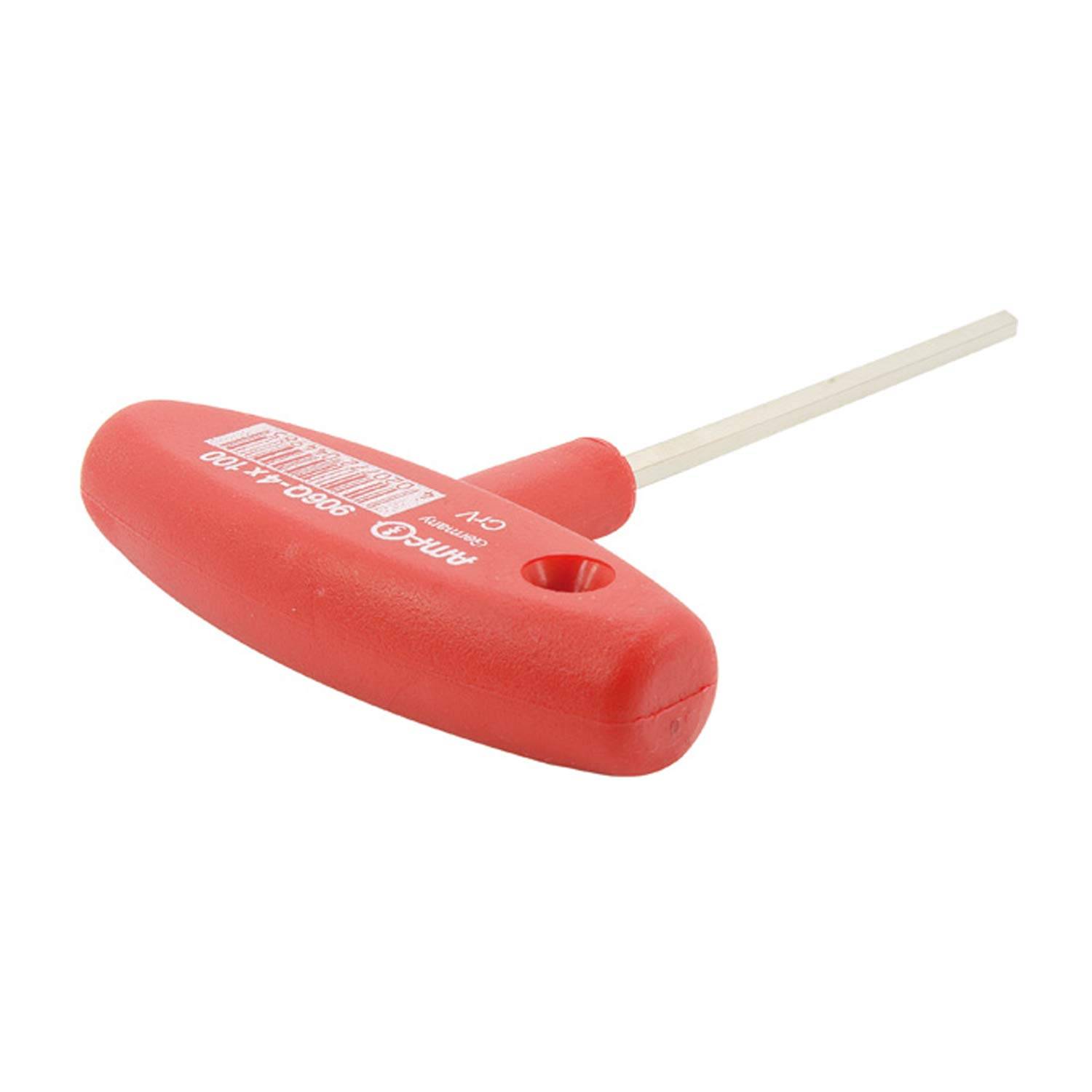 Ein rot-handierter T-förmiger Sechskantschlüssel mit einer Metallachse, konzipiert zum Anziehen oder Lösen von Schrauben und versehen mit der Herstellermarke.
