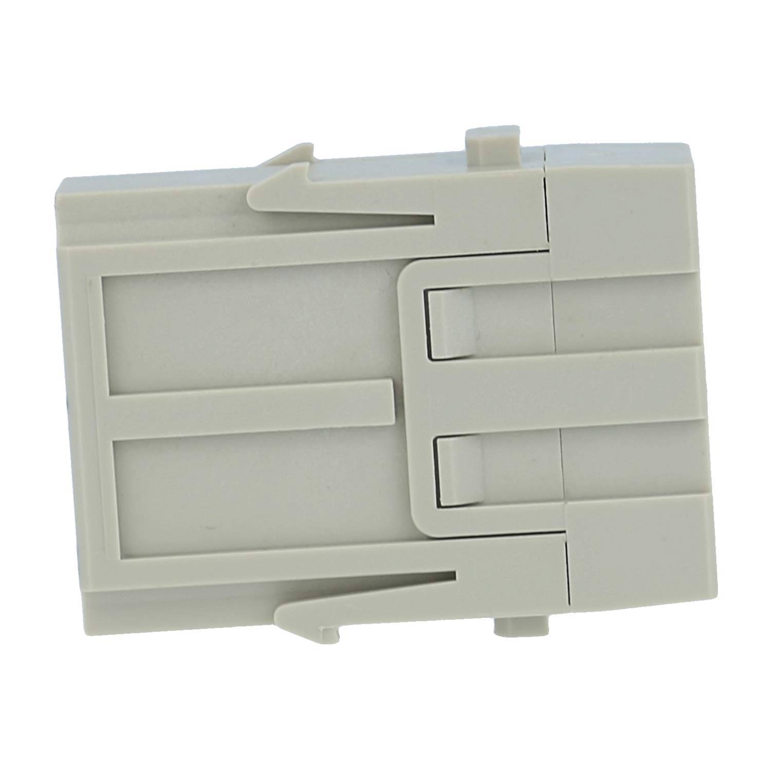 Eine graue, rechteckige Plastikkomponente mit Scharnierteilen und einer flachen Oberfläche, möglicherweise ein elektronisches oder mechanisches Bauteil.