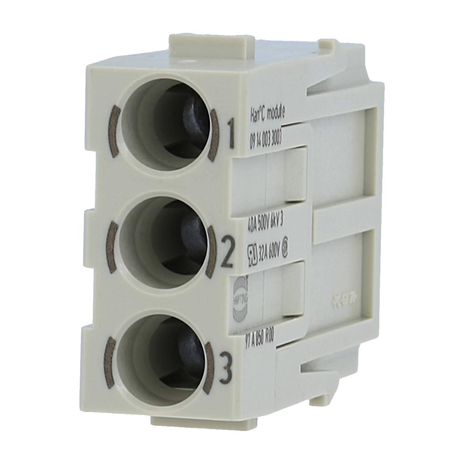 Dreipol-Klemmleistenmodul für elektrische Anschlüsse, von 1 bis 3 beschriftet.