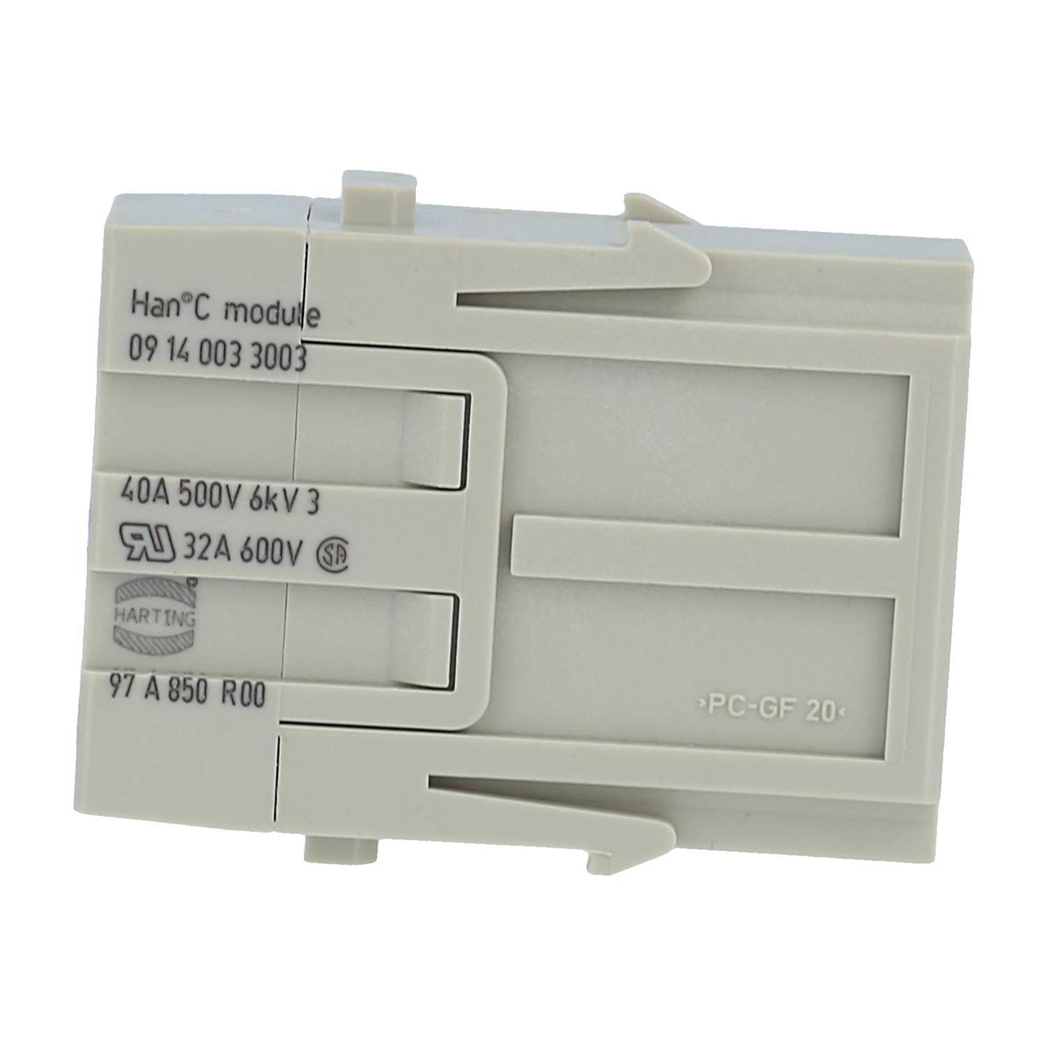 Weißes rechteckiges elektrisches Modul mit aufgedruckten Spezifikationen: 40A 500V 6kV 3; 32A 600V; 97 A 850 R00; Han C Modul.