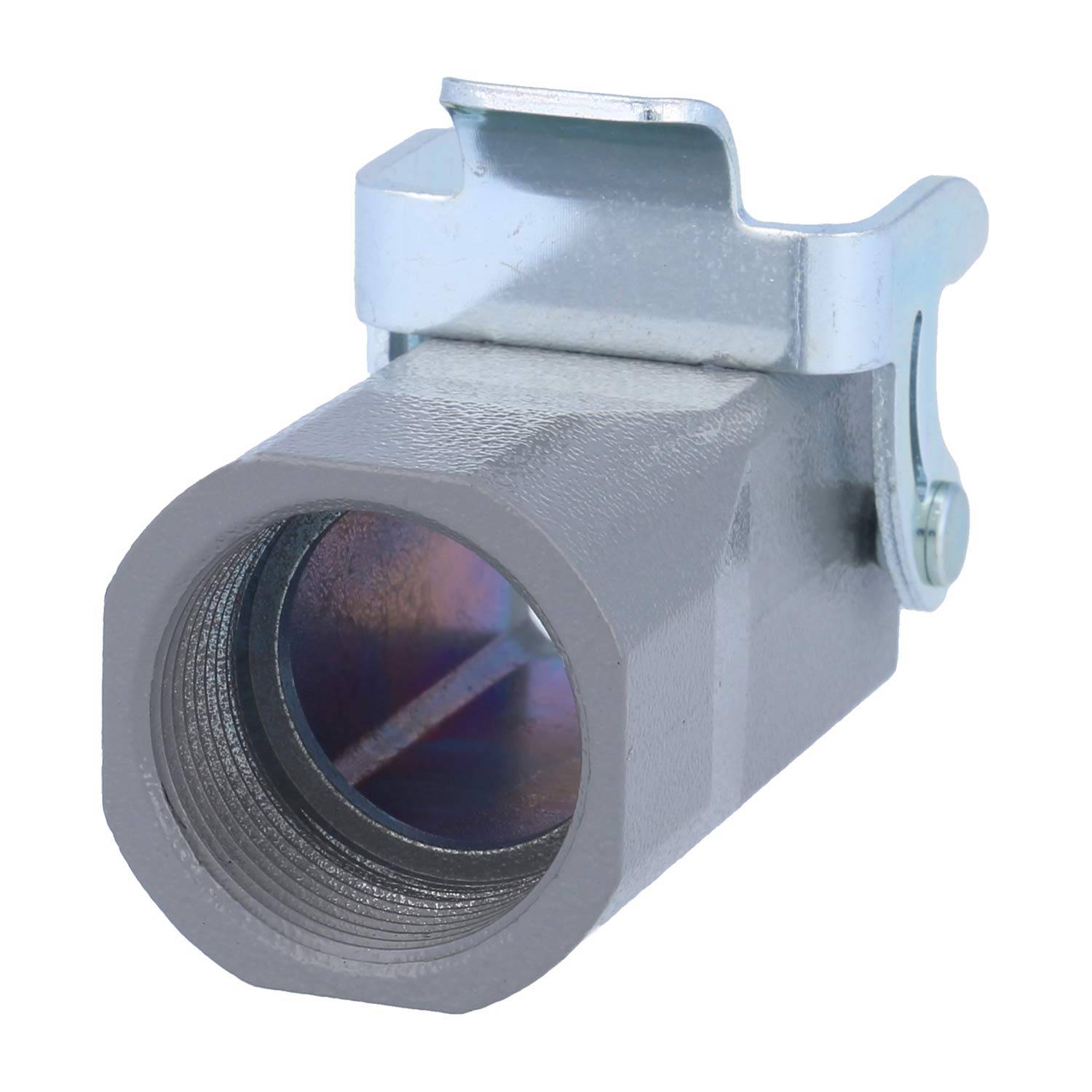 Metallischer Leitungsverbinder, zylindrisch mit einer Klemme oben, verwendet zum Sichern und Verbinden von elektrischen Leitungsrohren bei Installationen.