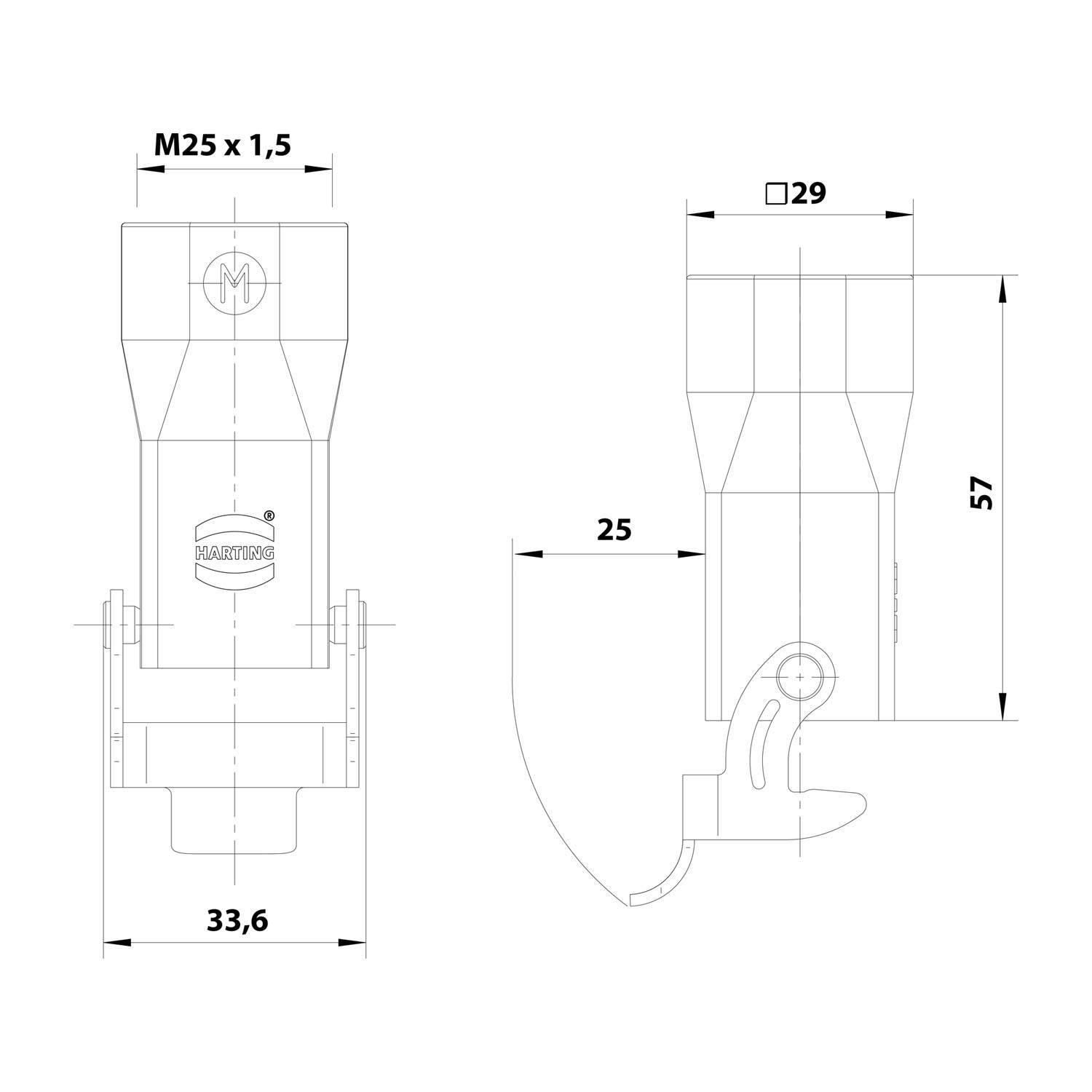 Technische Zeichnung einer Komponente mit Maßen: M25 x 1,5 Gewinde, Breite 33,6 mm, Höhe 57 mm. Merkmale umfassen einen 29 mm Kreis und einen 25 mm Abschnitt.