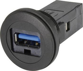 Ein schwarzer USB 3.0 Hub mit einer kreisförmigen Außenverkleidung, der zum Anbringen auf einer Oberfläche konzipiert ist und einen sichtbaren USB-Anschluss aufweist.