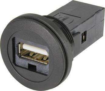 Eine schwarze USB-Anschlussbuchse, die für Einbaumontage konzipiert ist, mit einer rechteckigen Öffnung zum Anschließen von USB-Kabeln; entwickelt für einfachen Zugang.