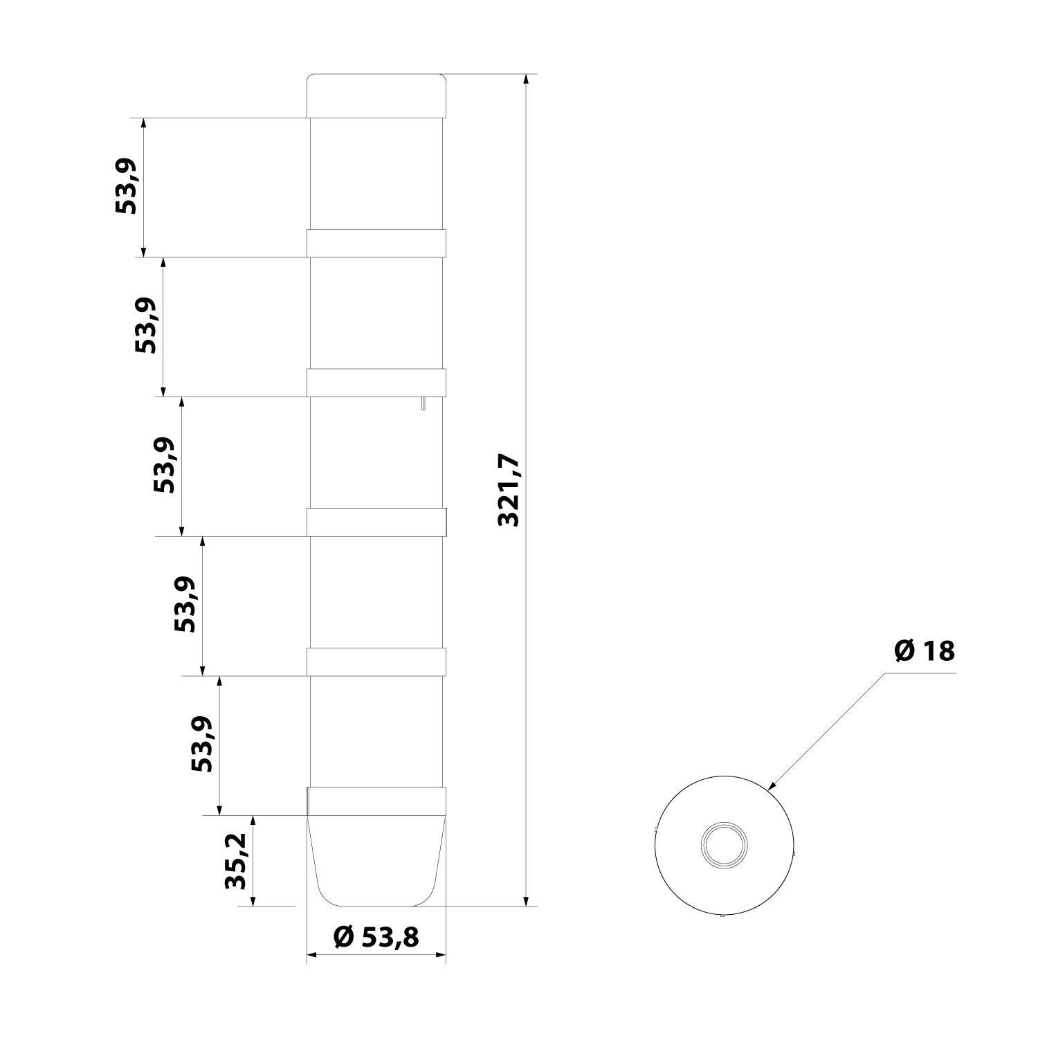 127309 STEX24 Signalsäule blau-weiß-grün-gelb-rot, 50mm, 24V AC/DC, LED-Blinklicht SS50-OB5/24 102 MaßeLänge320,0mm,