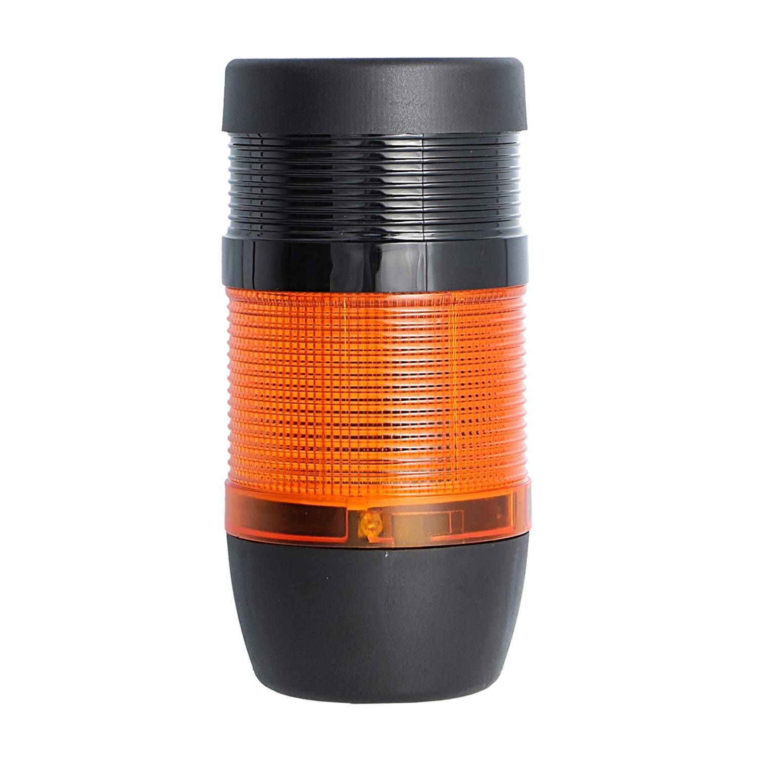 Eine tragbare, zylindrische LED-Warnleuchte in Orange und Schwarz mit gerippter Oberfläche, die ein Sicherheitssignal anzeigt.