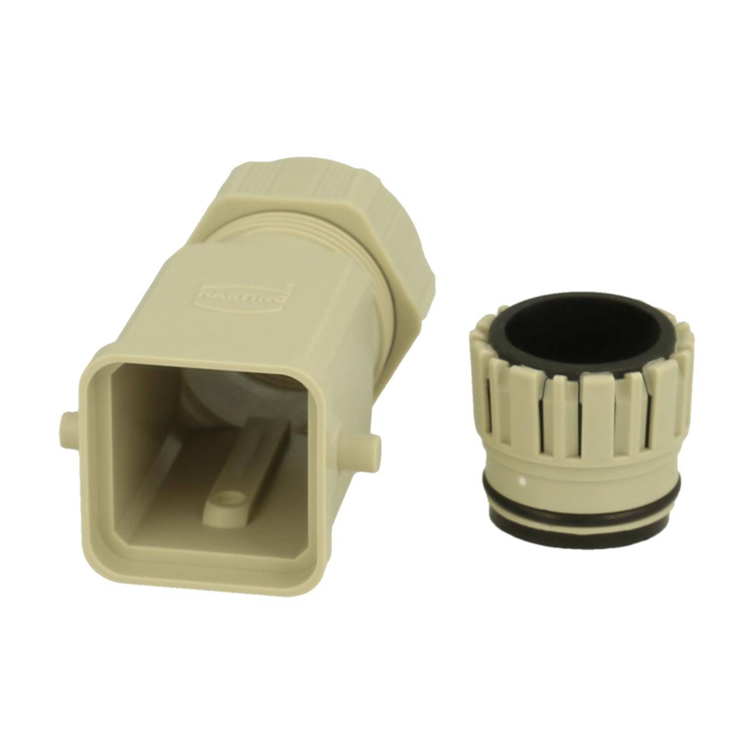 Elektrischer Kunststoffstecker mit einem abgenommenen Deckel, der die Innenkomponenten zeigt. Beige Farbe, geeignet für Elektroinstallationen.