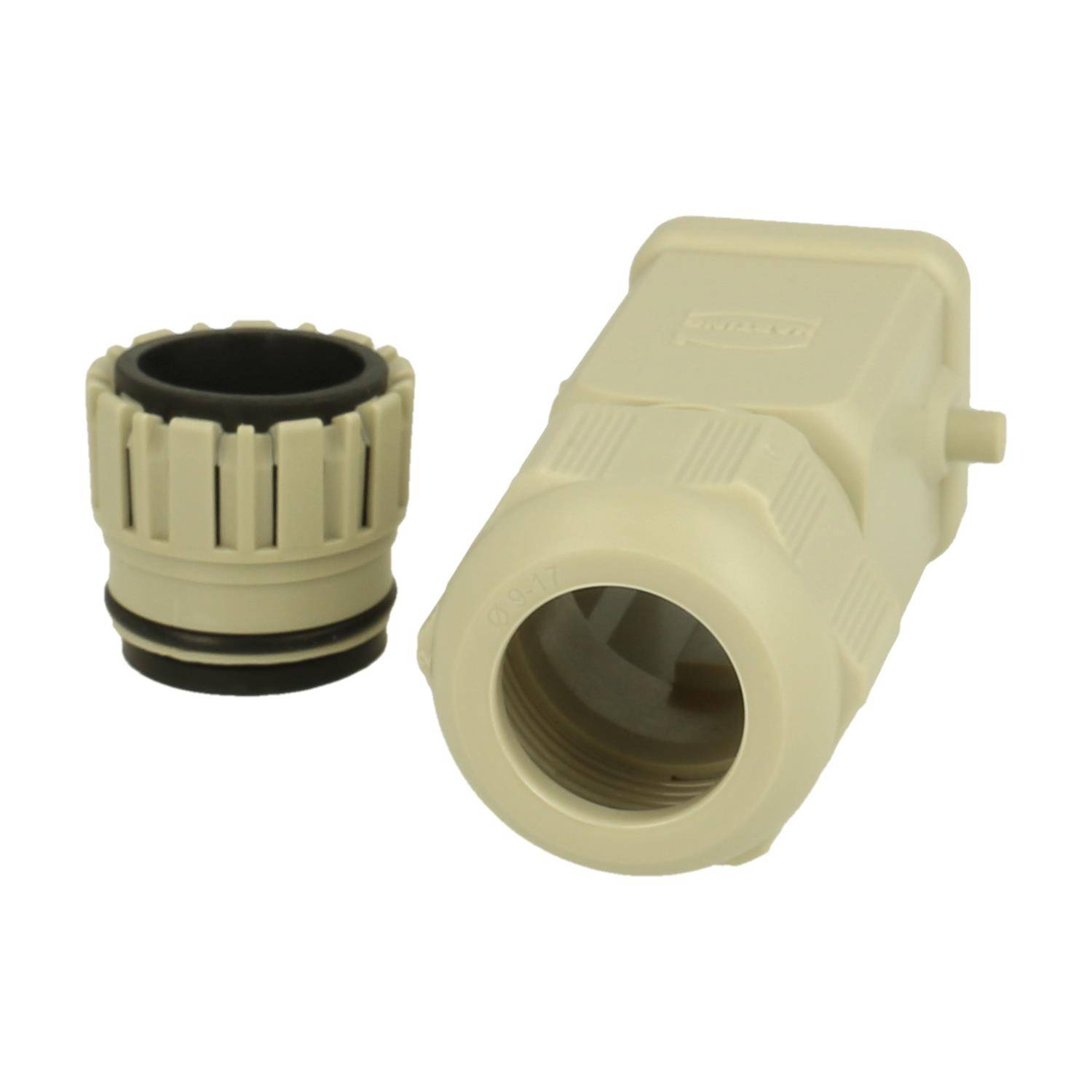 Ein beiger industrieller Steckverbinder mit einem abnehmbaren Ring; verwendet für sichere elektrische oder mechanische Verbindungen. Adapter separat links daneben dargestellt.