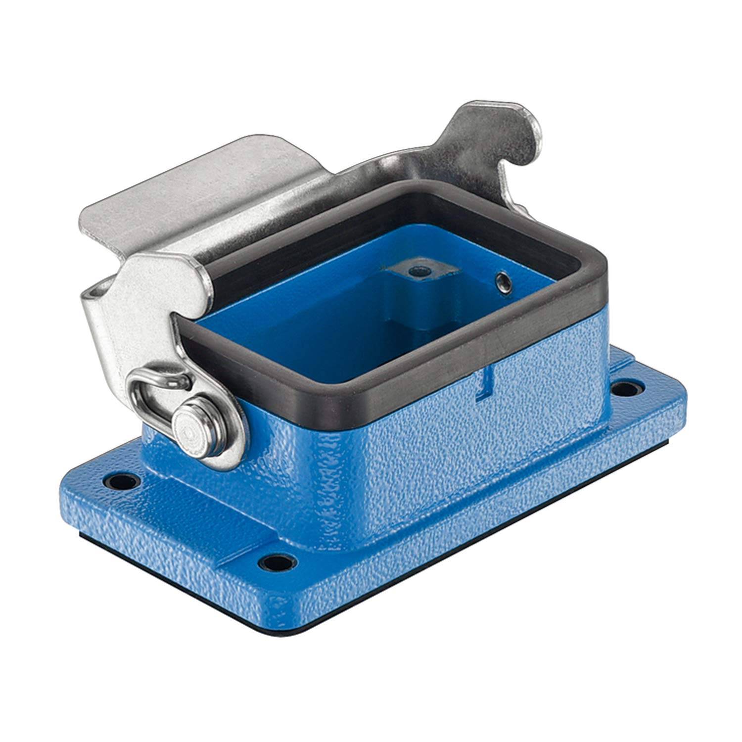 Ein blauer industrieller rechteckiger Steckverbinder mit einem Metalldrehverschluss oben, der zum sicheren Verbinden von elektrischen Komponenten verwendet wird.