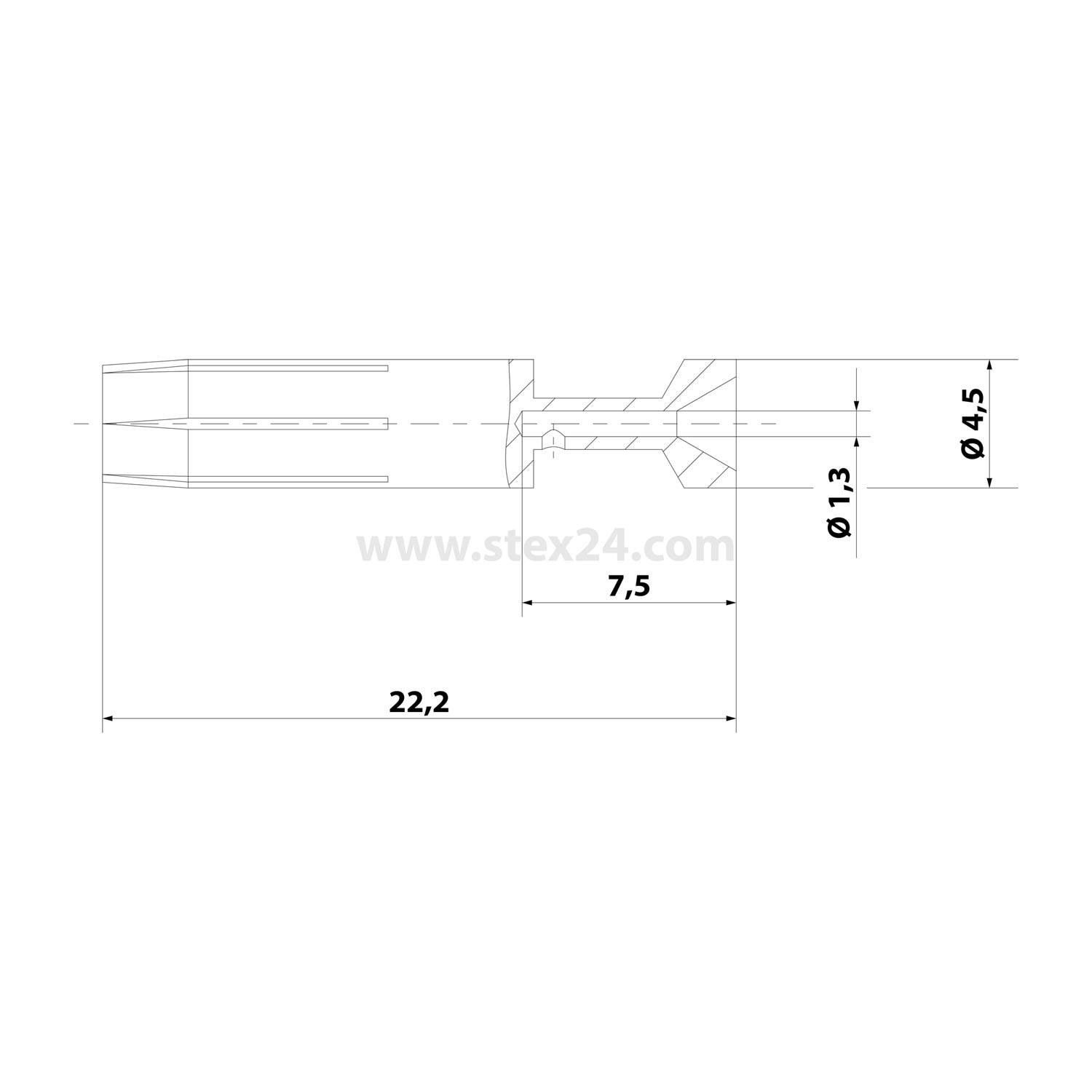 Technische Zeichnung einer mechanischen Komponente mit Abmessungen. Die Länge beträgt 22,2, die Breite 7,5, der Außendurchmesser 13 und der Innendurchmesser 4,5.