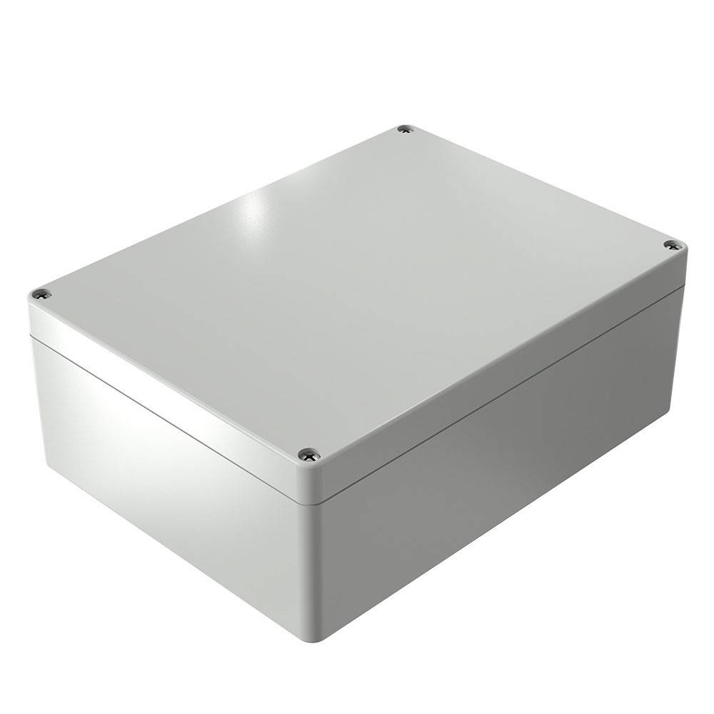 Eine silberne, rechteckige Metallgehäusebox mit Schrauben an jeder Ecke, die häufig zum Schutz von elektronischen Komponenten verwendet wird.