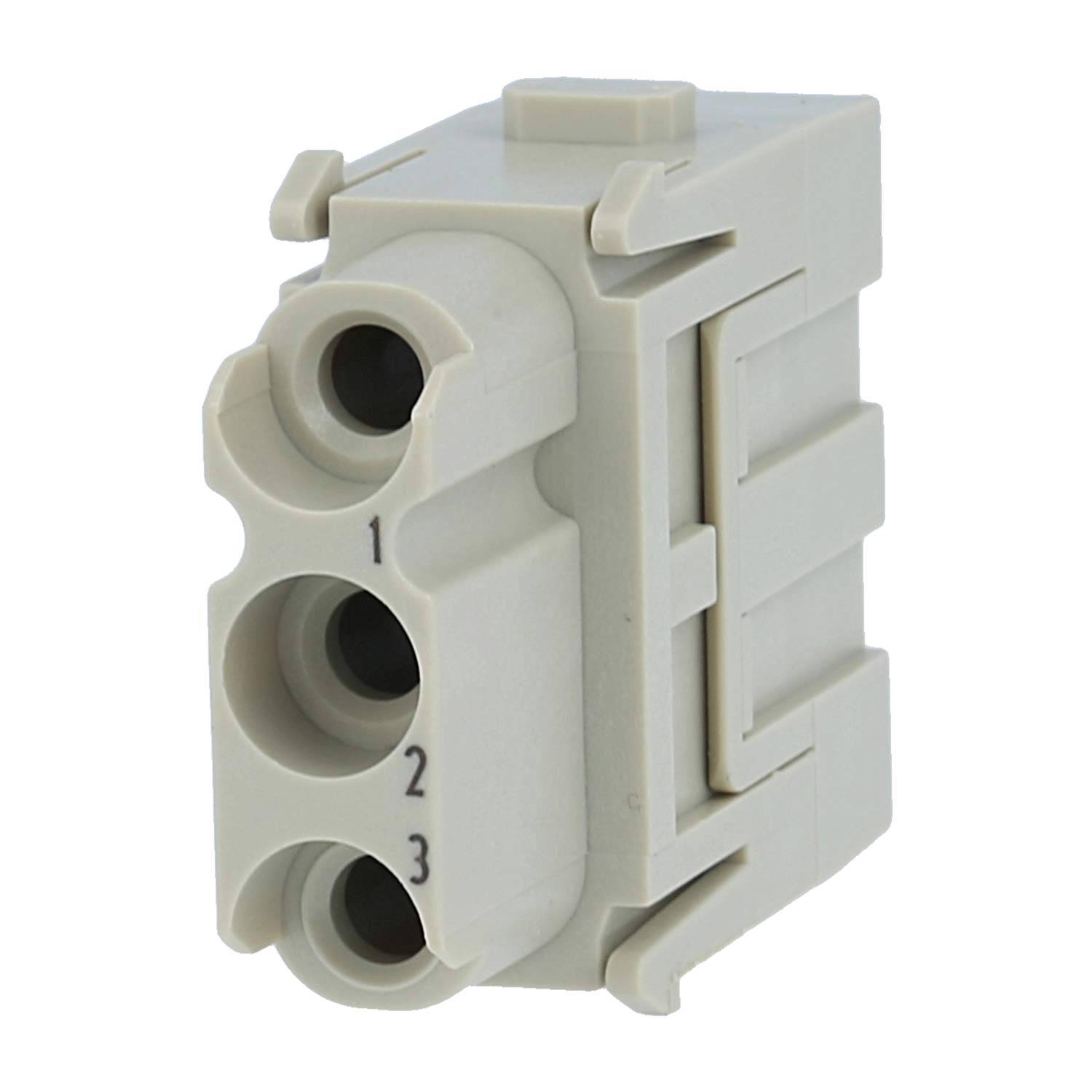 Grauer elektrischer Anschlussblock mit drei nummerierten kreisförmigen Öffnungen zur Drahteinführung.
