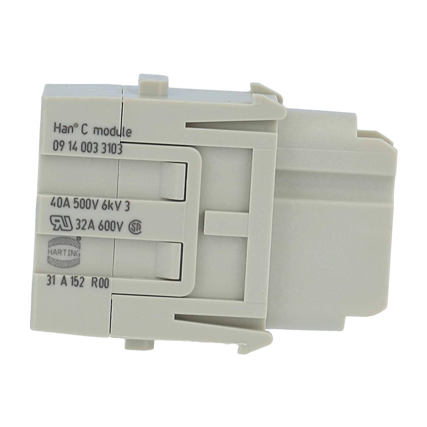 Ein rechteckiger elektrischer Komponente mit der Bezeichnung 'Han C Modul 40A 500V 6kV' mit technischen Spezifikationen, verwendet für Hochspannungsverbindungen.