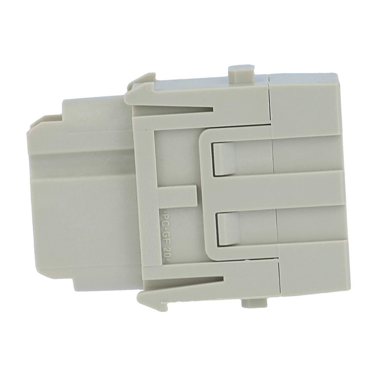 Ein hellgrauer elektrischer Steckverbinder mit rechteckiger Form und mehreren Rillen, der für eine sichere Befestigung in elektronischen Geräten konzipiert ist.