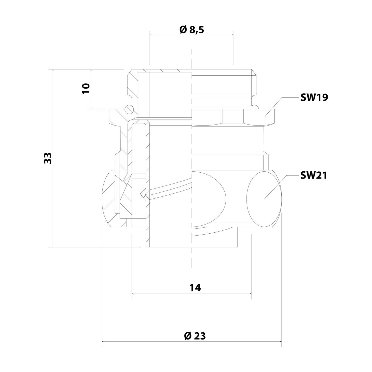 Technische Zeichnung einer mechanischen Komponente mit Maßen: Gesamtbreite 33, Außendurchmesser 23, Innendurchmesser 8,5, Tiefe 10.