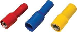 Drei isolierte elektrische Kabelverbinder: rot, blau und gelb. Jeder ist zylindrisch und darauf ausgelegt, separate Kabel sicher zu verbinden.