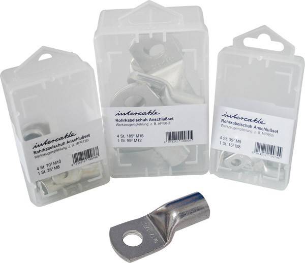 Drei Plastikkästen mit Kabelschuhsets von 'Intercable', die verschiedene Größen zeigen: 4 SL, 35°M5, 95°M12, und einen losen Kabelschuh davor.