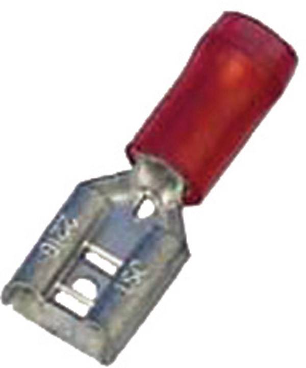 Eine Nahaufnahme eines roten isolierten weiblichen Flachsteckers, der für elektrische Verkabelung verwendet wird und dessen metallischen leitfähigen Kontakt sowie den Kunststoff-Isoliergriff zeigt.