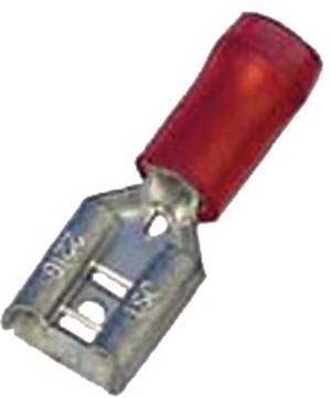 Ein roter und silberner elektrischer Verbinder mit einem Crimpbereich, der zum Anschließen von Drähten in elektrischen Schaltkreisen verwendet wird.