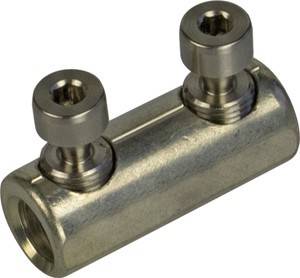 Ein metallischer Verbinder mit zwei sechseckigen Schrauben oben, der zum Befestigen von Kabeln oder Leitungen vorgesehen ist. Die zylindrische Form weist seitliche Öffnungen auf.
