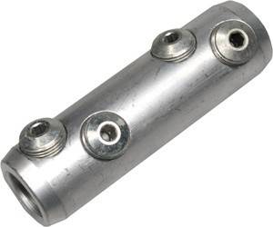 Ein metallischer Rohranschluss mit mehreren kreisförmigen Öffnungen an seiner Oberfläche, der zum Verbinden oder Aufteilen von Flüssigkeits- oder Gasleitungen verwendet wird.